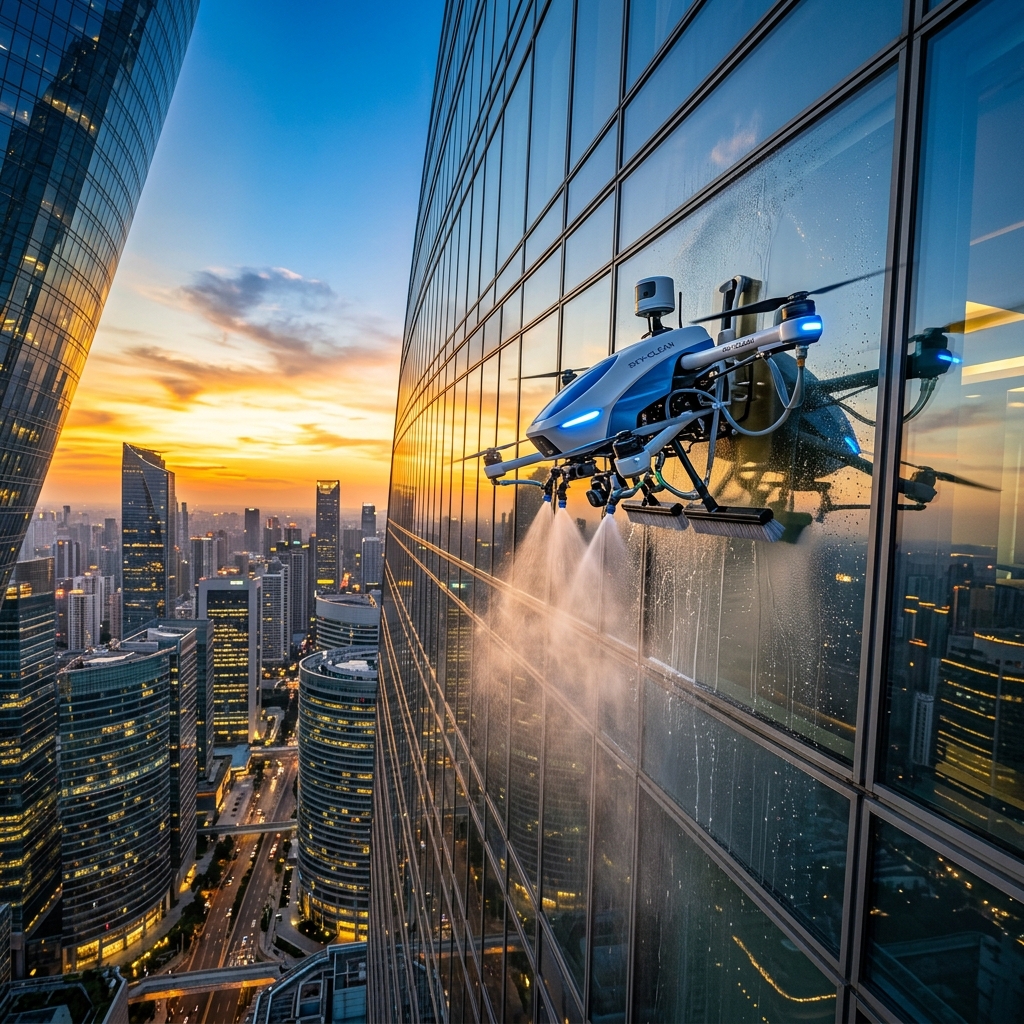 Drone cleaning high-rise building
